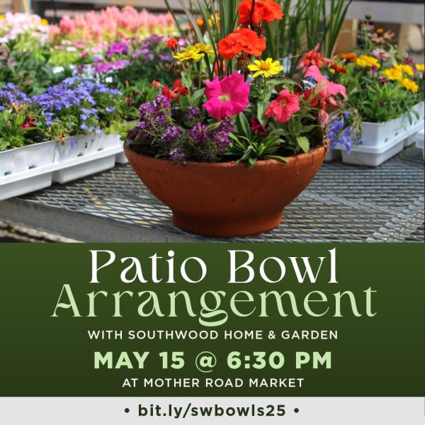 Patio Bowl Arrangements with Southwood Home & Garden on May 15 at 6:30 pm in the Mother Road Market Demonstration Kitchen