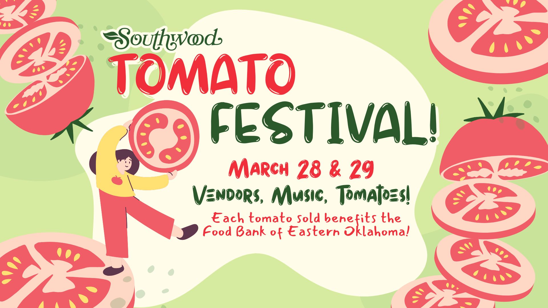 Southwood Tomato Festival taking place Saturday, March 28, and Sunday, March 29. Features vendors with food and art, live music, and half priced tomatoes on both days. Each tomato sold benefits the Food Bank of Eastern Oklahoma